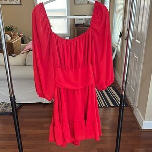 Elegant Red Scoop Neck Sundress with Bishop Sleeves